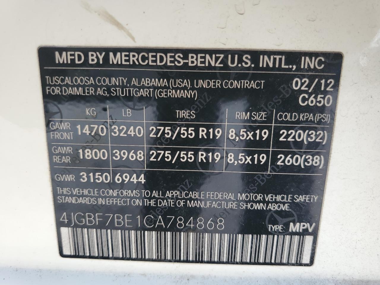 2012 Mercedes-Benz Gl 450 4Matic VIN: 4JGBF7BE1CA784868 Lot: 62318195