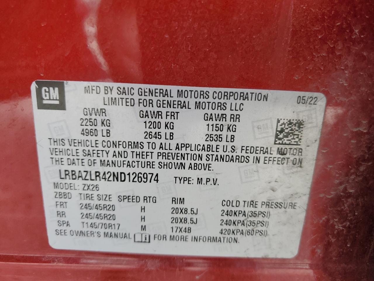 2022 Buick Envision Preferred VIN: LRBAZLR42ND126974 Lot: 62679225