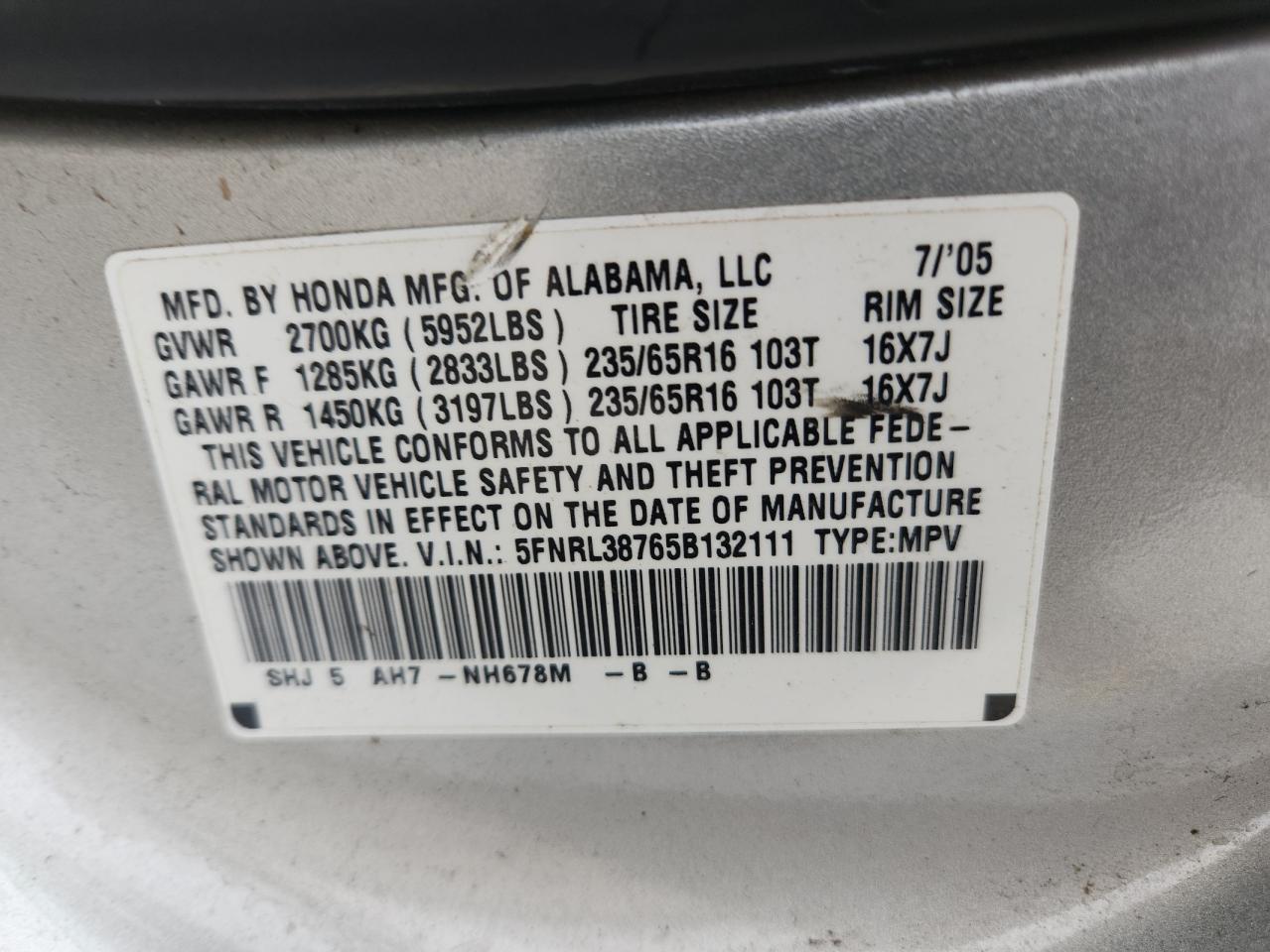 2005 Honda Odyssey Exl VIN: 5FNRL38765B132111 Lot: 58899575