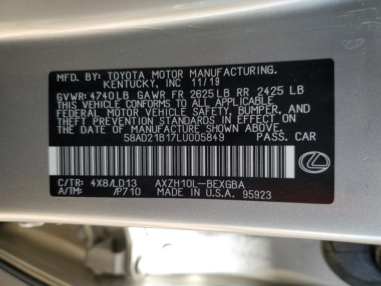 2020 Lexus Es 300H VIN: 58AD21B17LU005849 Lot: 63084095