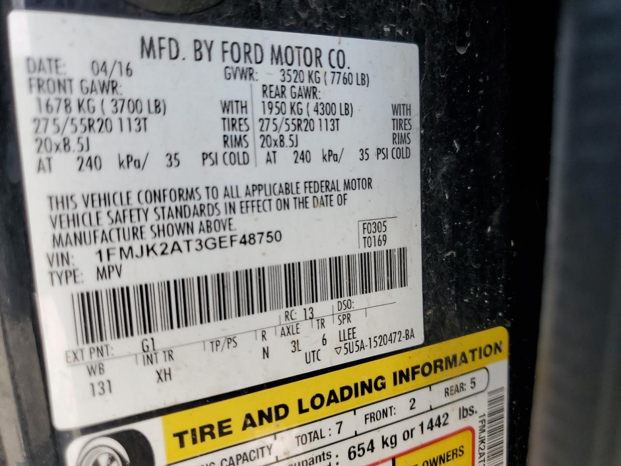 2016 Ford Expedition El Limited VIN: 1FMJK2AT3GEF48750 Lot: 63014475