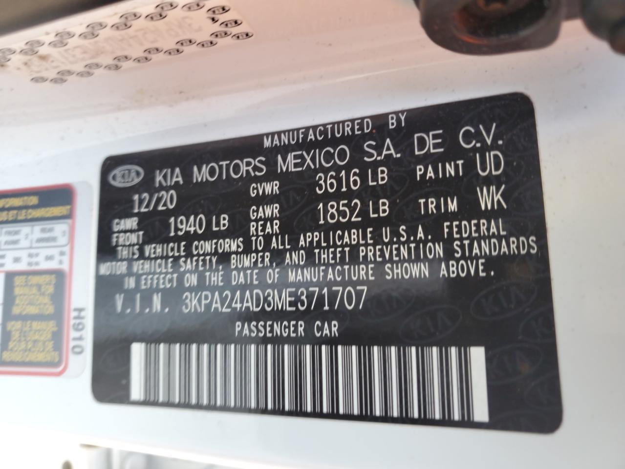 2021 Kia Rio Lx VIN: 3KPA24AD3ME371707 Lot: 58775025