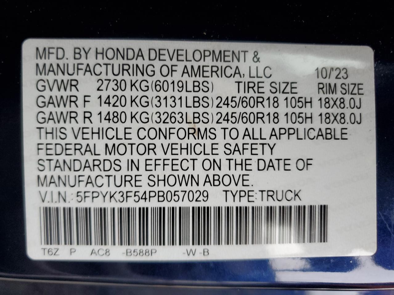 2023 Honda Ridgeline Rtl VIN: 5FPYK3F54PB057029 Lot: 60755085
