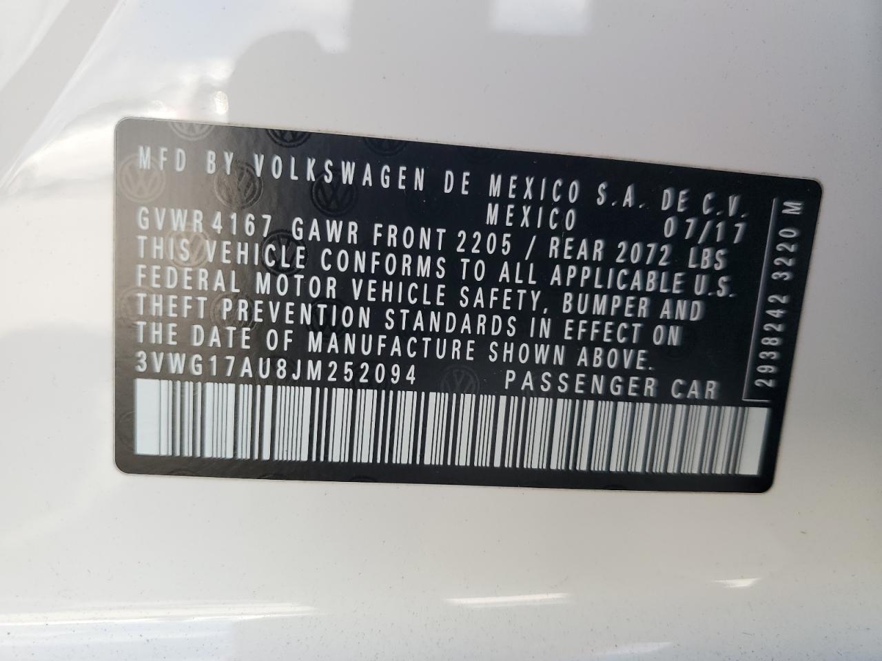 2018 Volkswagen Golf S VIN: 3VWG17AU8JM252094 Lot: 60637705