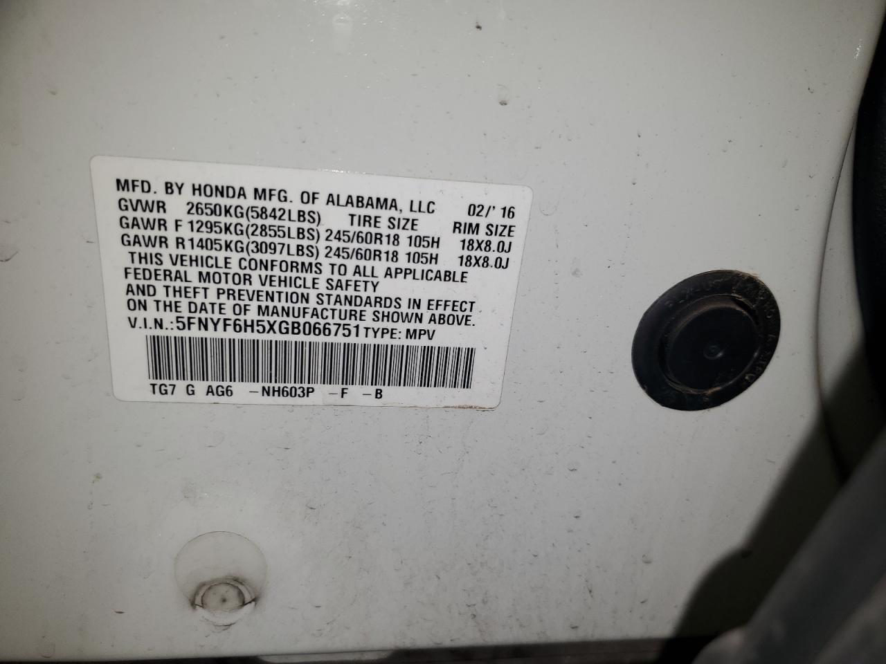 2016 Honda Pilot Exl VIN: 066751 Lot: 62615965