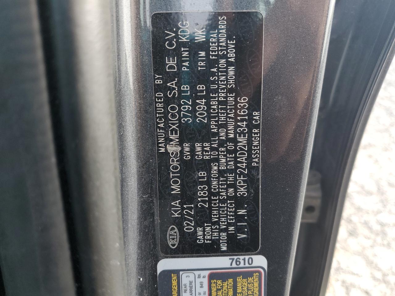 2021 Kia Forte Fe VIN: 3KPF24AD2ME341636 Lot: 61664285