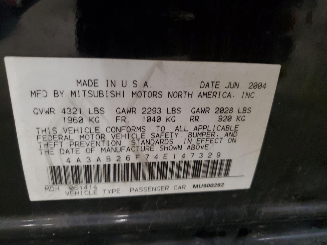 2004 Mitsubishi Galant De VIN: 4A3AB26F74E147329 Lot: 59361875
