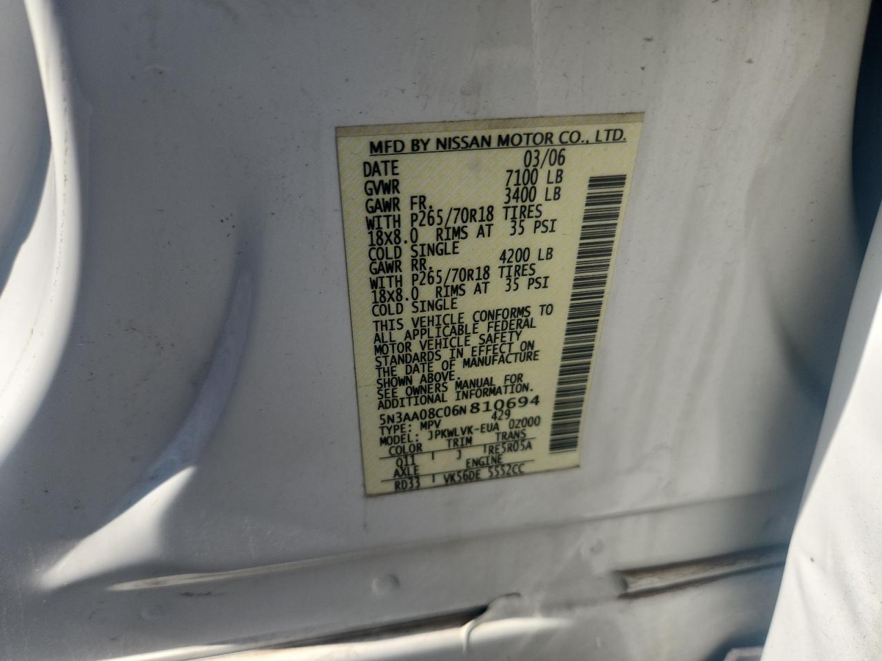 2006 Infiniti Qx56 VIN: 5N3AA08C06N810694 Lot: 61165545