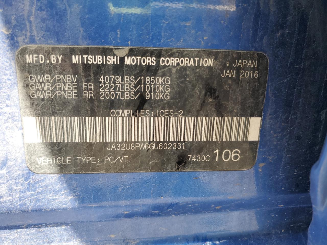 2016 Mitsubishi Lancer Gt VIN: JA32U8FW6GU602331 Lot: 62576735