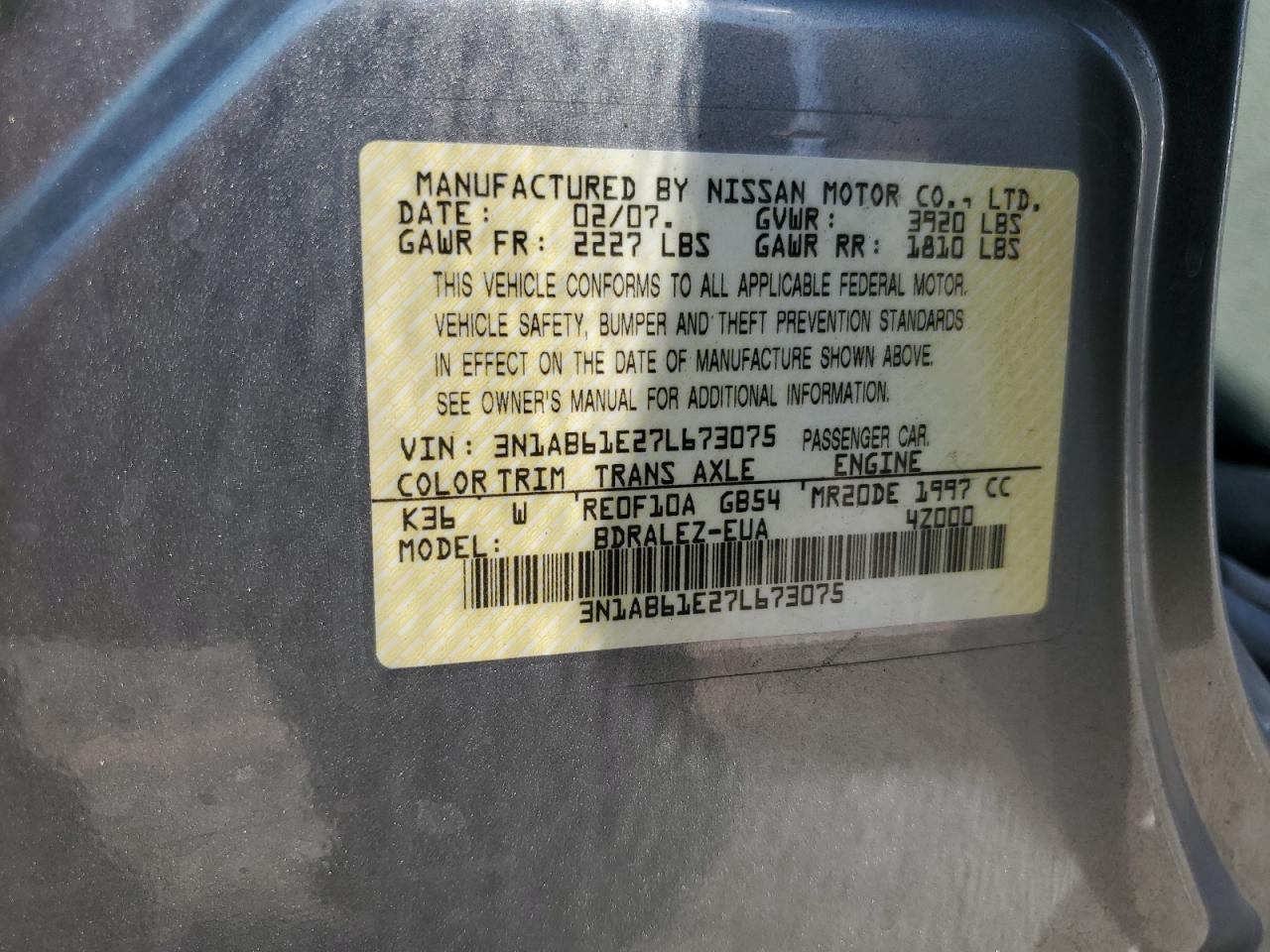2007 Nissan Sentra 2.0 VIN: 3N1AB61E27L673075 Lot: 62341185