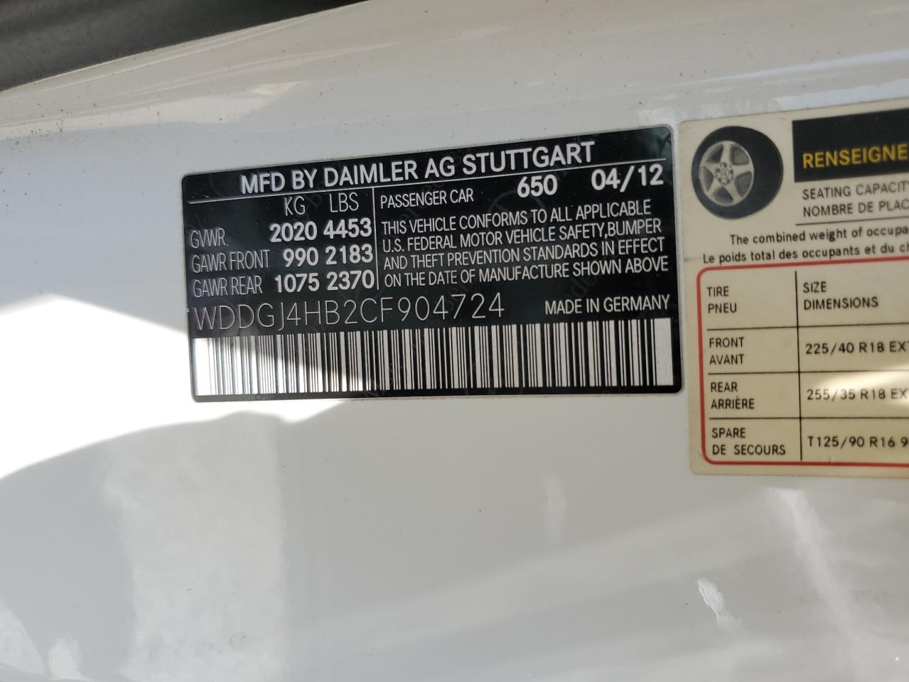 2012 Mercedes-Benz C 250 VIN: WDDGJ4HB2CF904724 Lot: 62695285