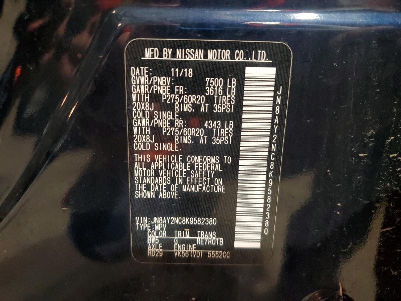 2019 Nissan Armada Sv VIN: JN8AY2NC8K9582380 Lot: 62139505