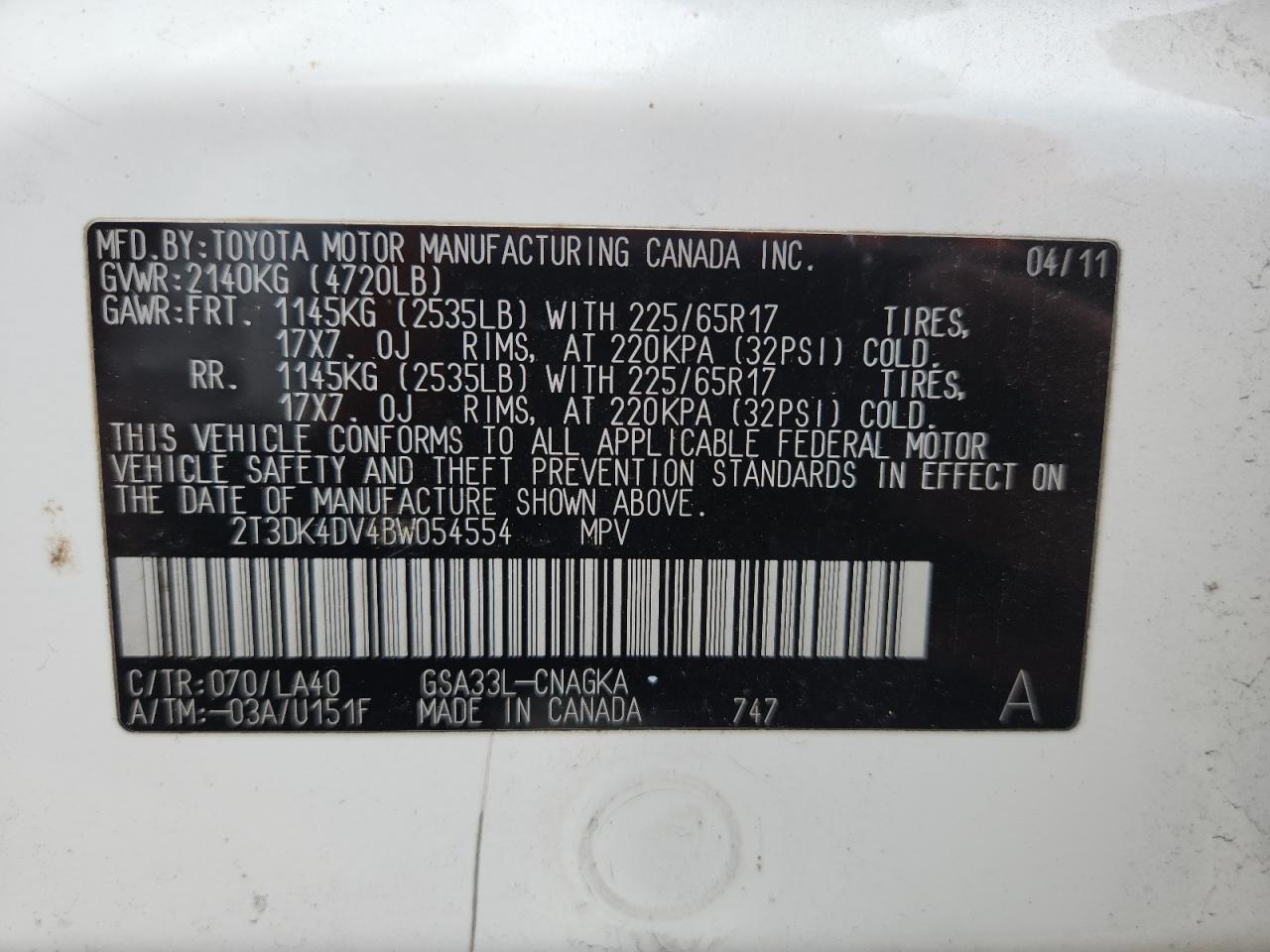 2011 Toyota Rav4 Limited VIN: 2T3DK4DV4BW054554 Lot: 62896815