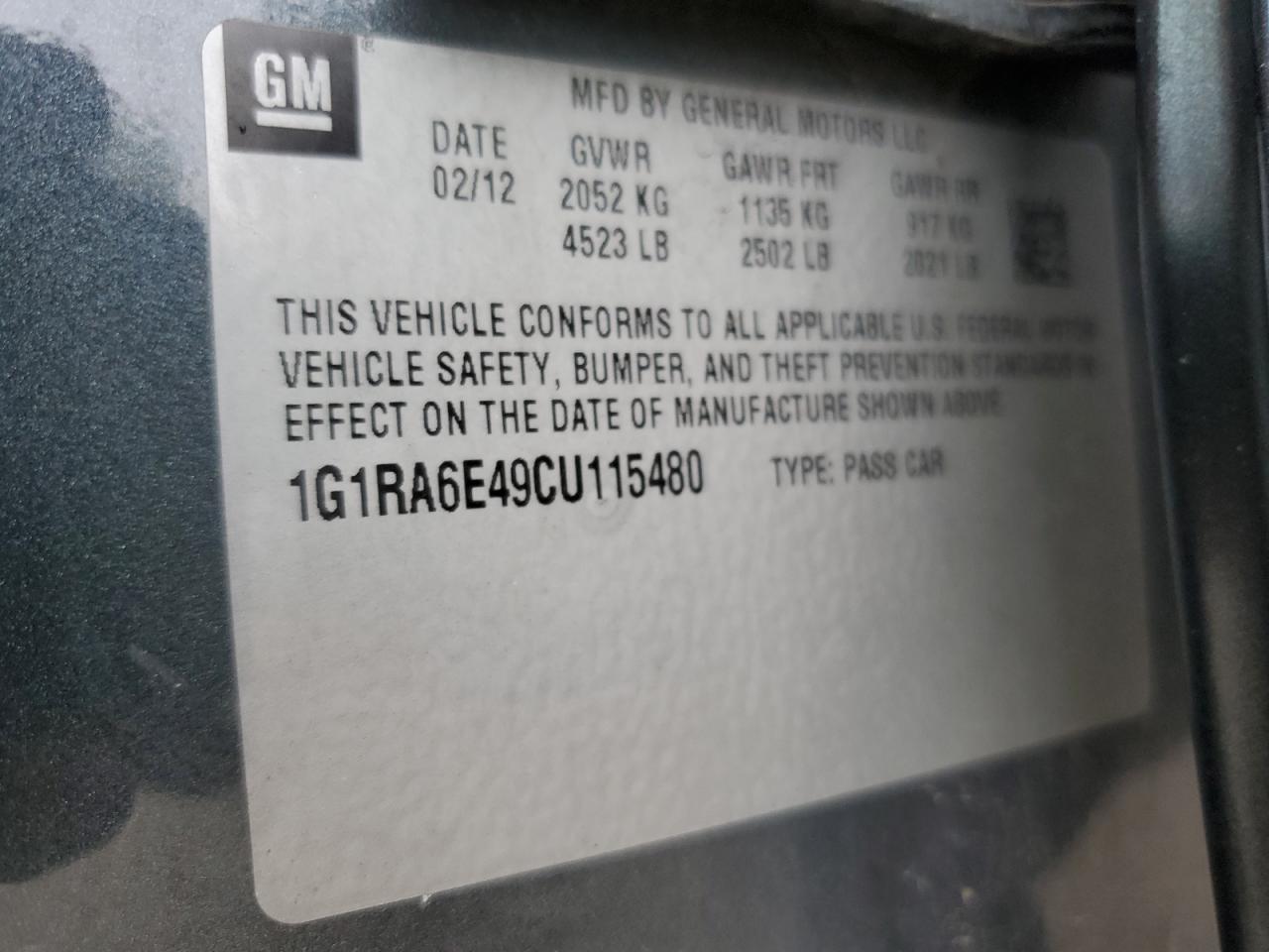 2012 Chevrolet Volt VIN: 1G1RA6E49CU115480 Lot: 61899845