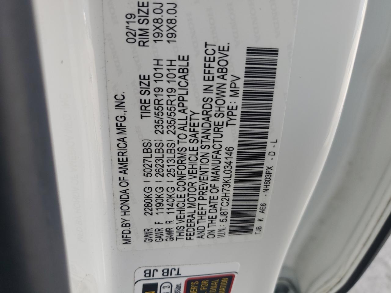 2019 Acura Rdx Advance VIN: 5J8TC2H73KL034146 Lot: 61839645