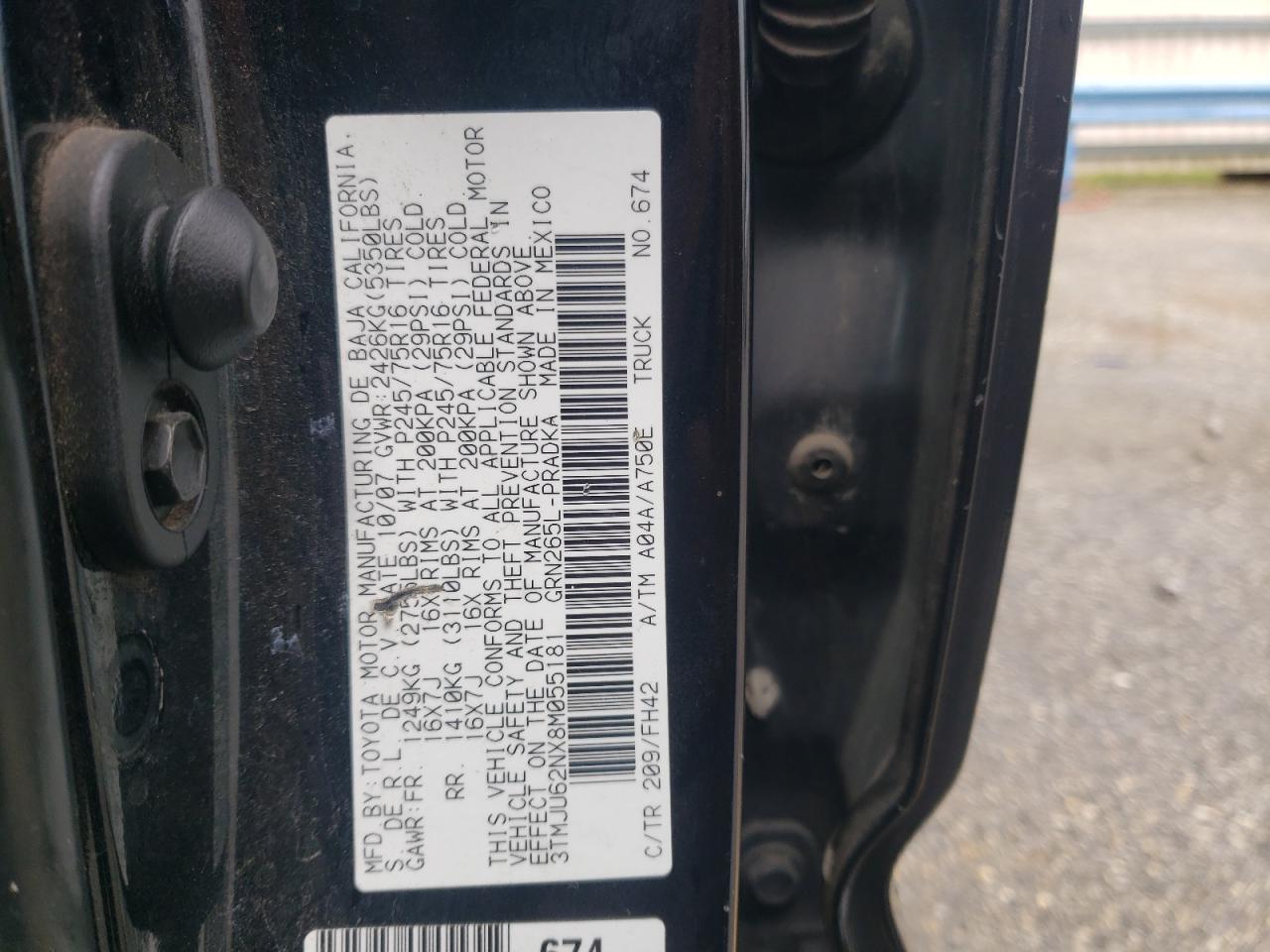 2008 Toyota Tacoma Double Cab Prerunner VIN: 3TMJU62NX8M055181 Lot: 62948595