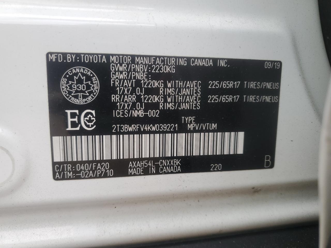 TOYOTA RAV4 2019 VIN 2T3BWRFV4KW039221 фото 14