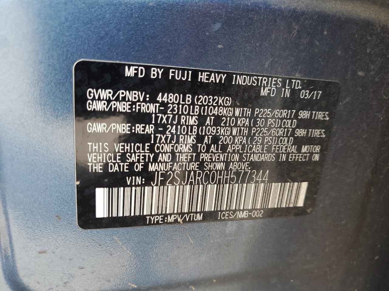 2017 Subaru Forester 2.5I Limited VIN: JF2SJARC0HH577344 Lot: 61875365