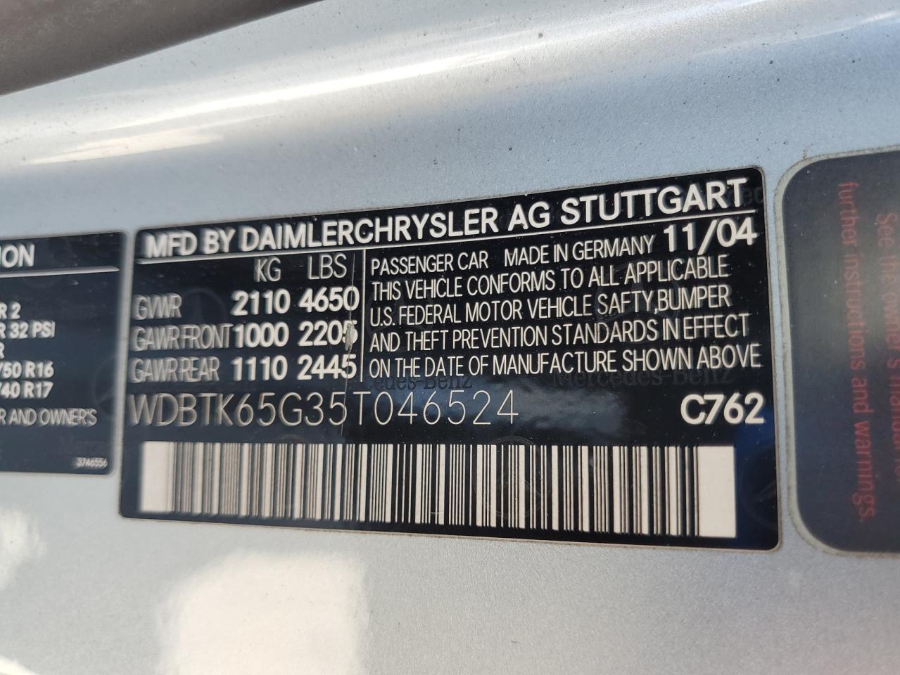 2005 Mercedes-Benz Clk 320 VIN: WDBTK65G35T046524 Lot: 59342025