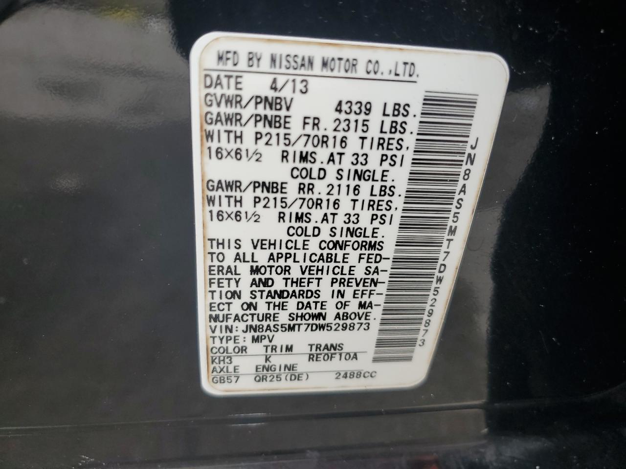 2013 Nissan Rogue S VIN: JN8AS5MT7DW529873 Lot: 62947095