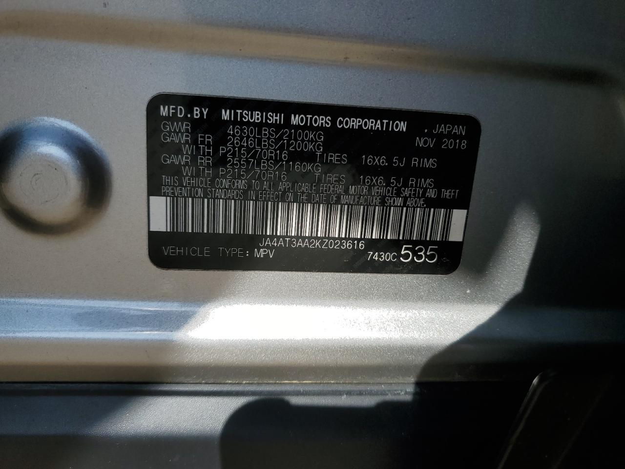 2019 Mitsubishi Eclipse Cross Es VIN: JA4AT3AA2KZ023616 Lot: 61449735
