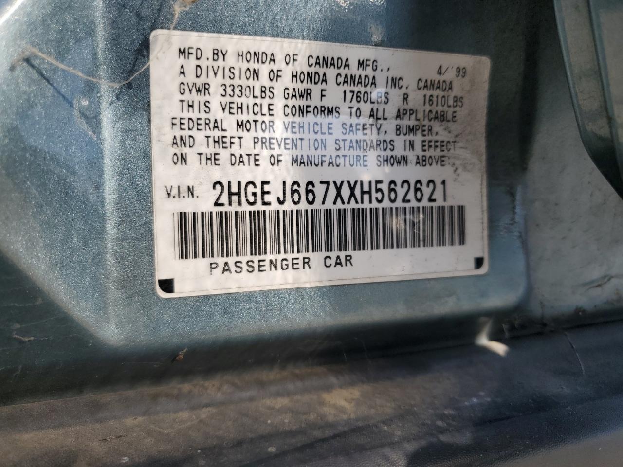 1999 Honda Civic Lx VIN: 2HGEJ667XXH562621 Lot: 61068195