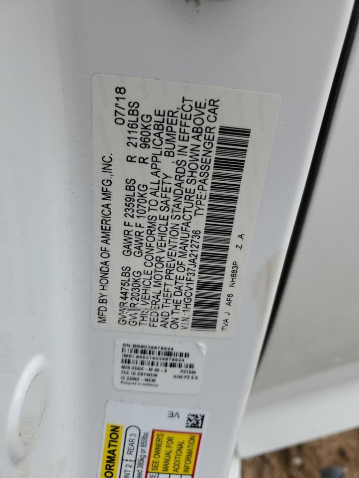 2018 Honda Accord Sport VIN: 1HGCV1F37JA212736 Lot: 60620695