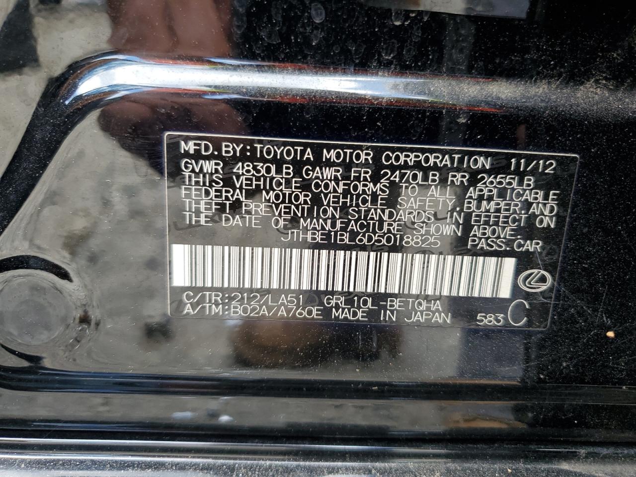 2013 Lexus Gs 350 VIN: JTHBE1BL6D5018825 Lot: 61167705