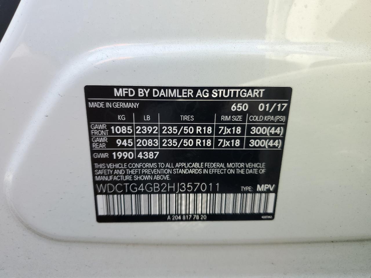2017 Mercedes-Benz Gla 250 4Matic VIN: WDCTG4GB2HJ357011 Lot: 62688335