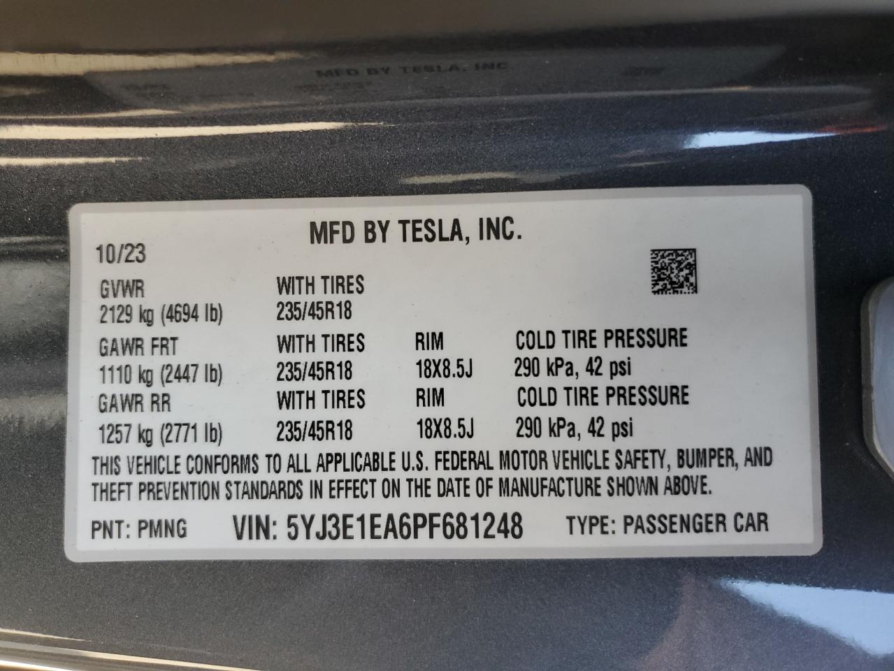 2023 Tesla Model 3 VIN: 5YJ3E1EA6PF681248 Lot: 62254935