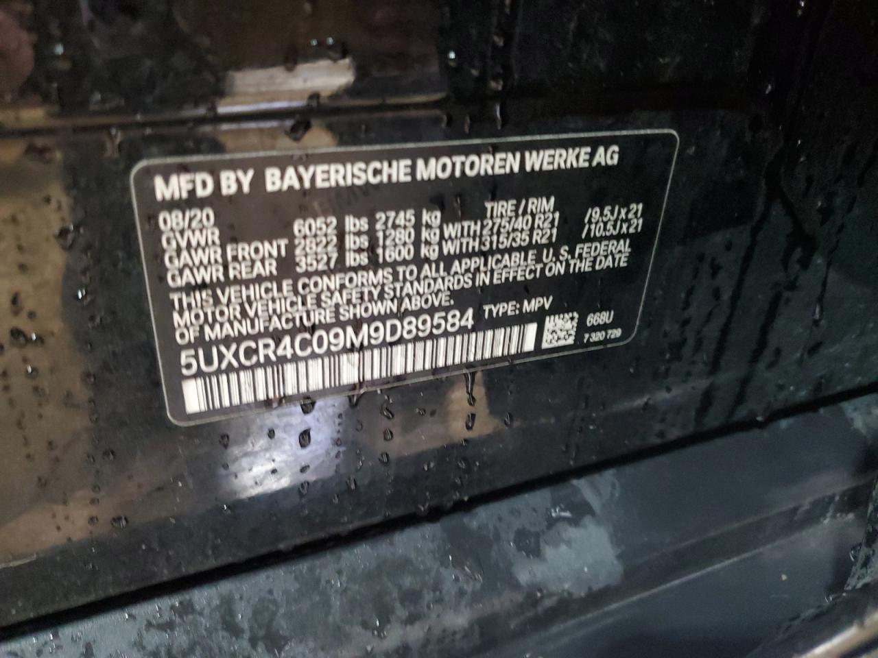 2021 BMW X5 Sdrive 40I VIN: 5UXCR4C09M9D89584 Lot: 59543475