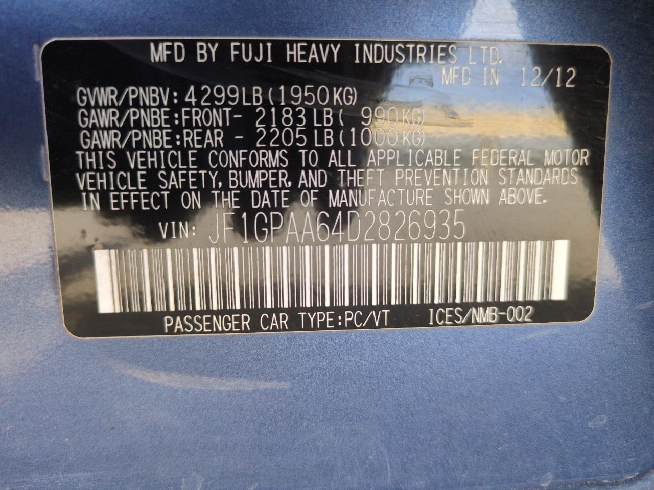 2013 Subaru Impreza VIN: JF1GPAA64D2826935 Lot: 59946575