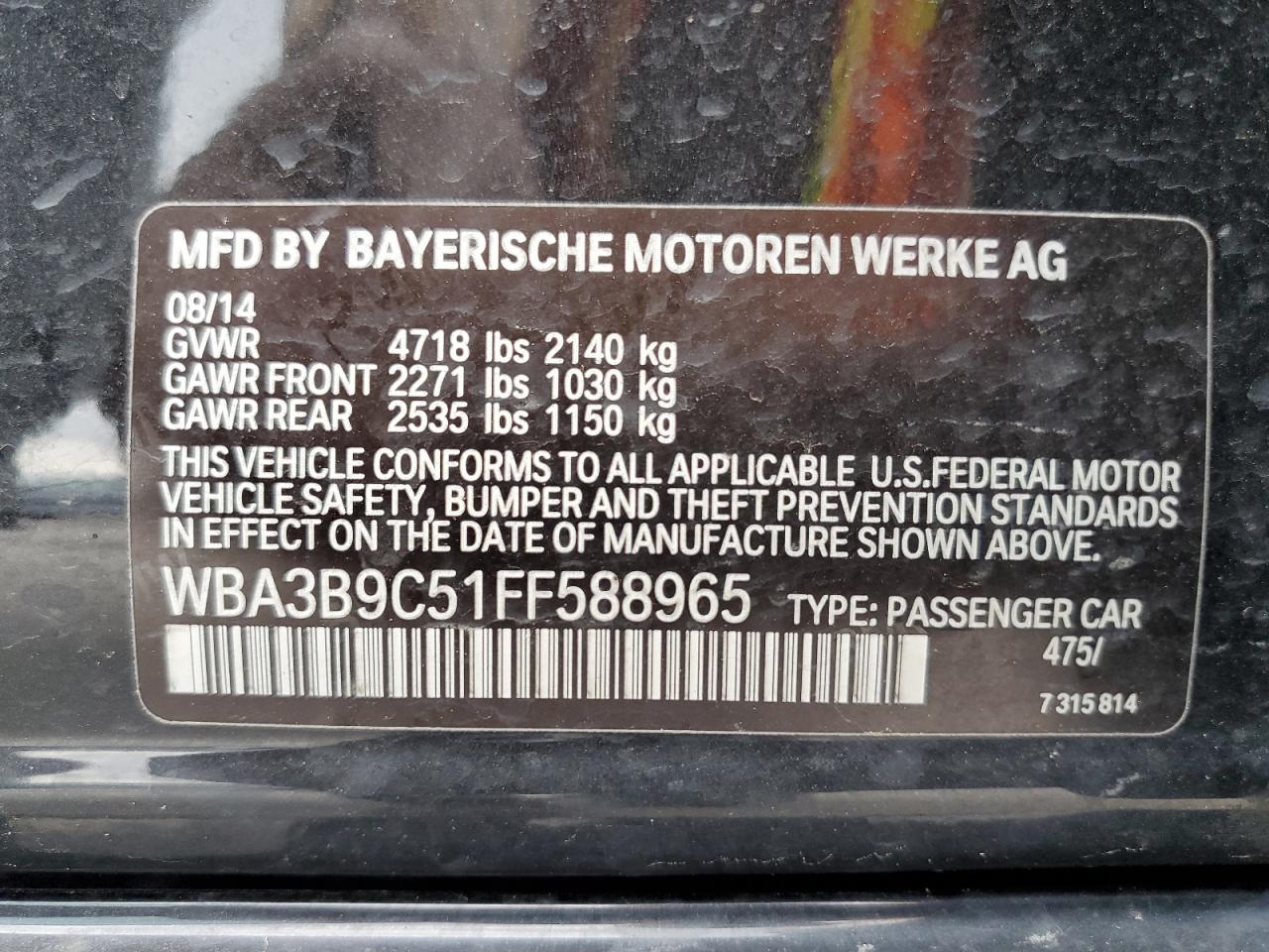 2015 BMW 335 Xi VIN: WBA3B9C51FF588965 Lot: 62951015