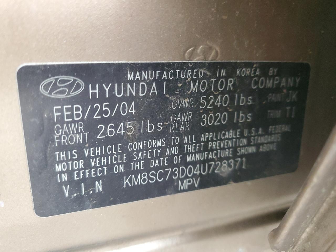 2004 Hyundai Santa Fe Gls VIN: KM8SC73D04U728371 Lot: 63073085