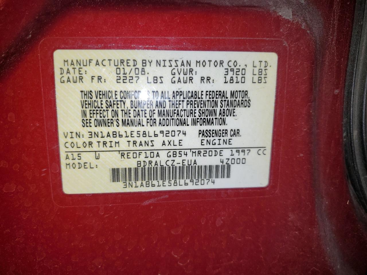 2008 Nissan Sentra 2.0 VIN: 3N1AB61E58L692074 Lot: 61112865