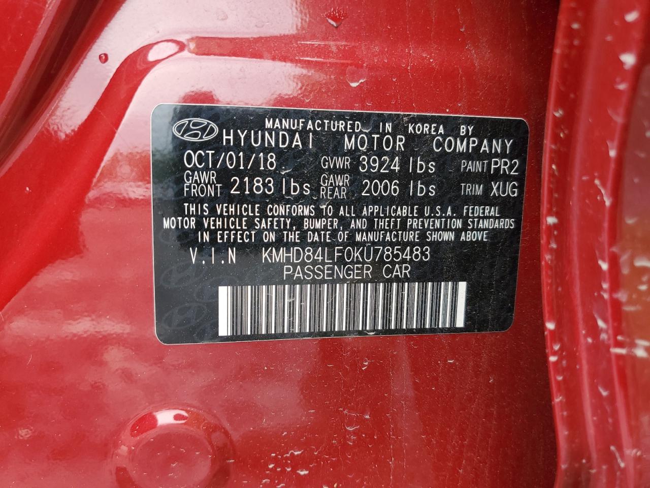 2019 Hyundai Elantra Sel VIN: KMHD84LF0KU785483 Lot: 60990785