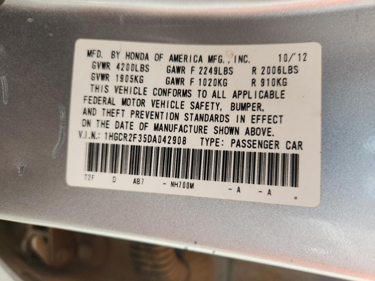 2013 Honda Accord Lx VIN: 1HGCR2F35DA042908 Lot: 59272525