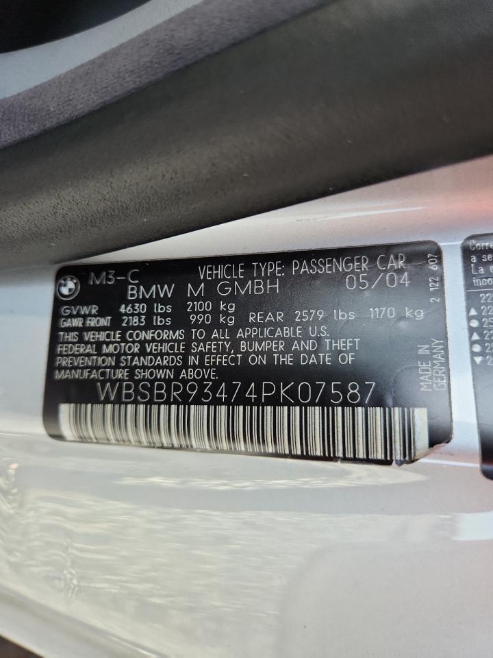 2004 BMW M3 VIN: WBSBR93474PK07587 Lot: 60530645