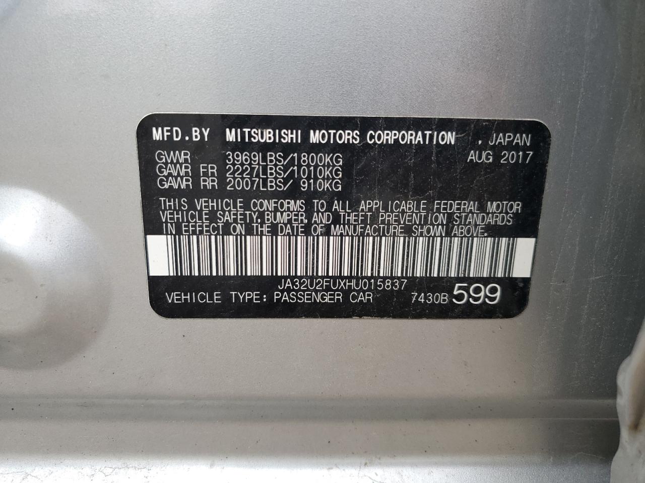 2017 Mitsubishi Lancer Es VIN: JA32U2FUXHU015837 Lot: 62400515