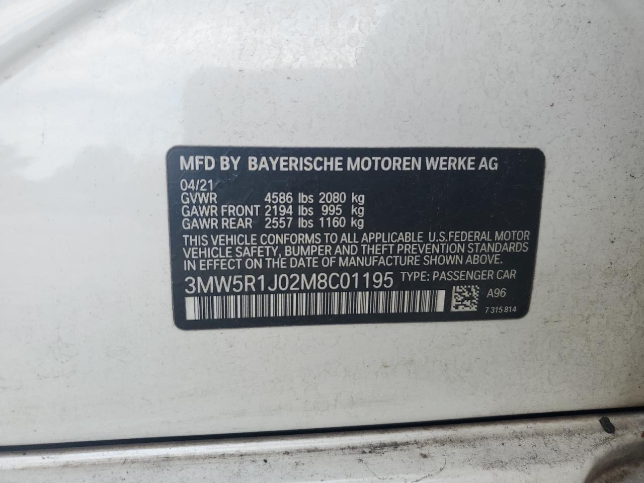 2021 BMW 330I VIN: 3MW5R1J02M8C01195 Lot: 61006905