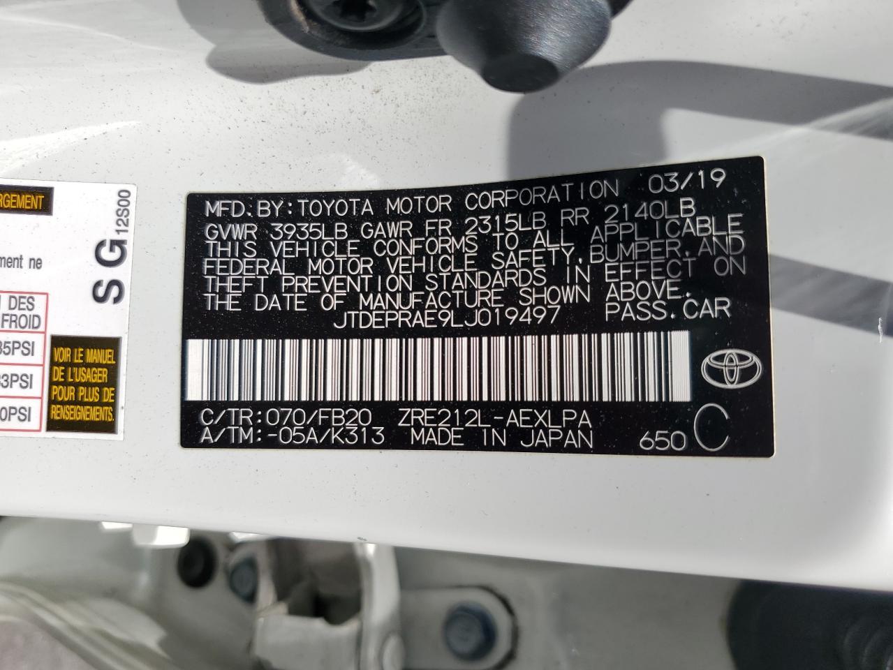 2020 Toyota Corolla Le VIN: JTDEPRAE9LJ019497 Lot: 62714685