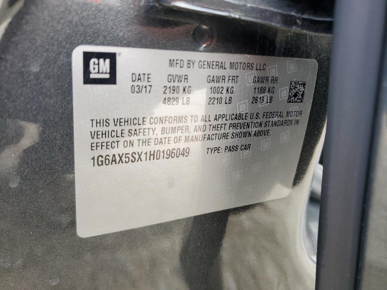 2017 Cadillac Cts Luxury VIN: 1G6AX5SX1H0196049 Lot: 63021565
