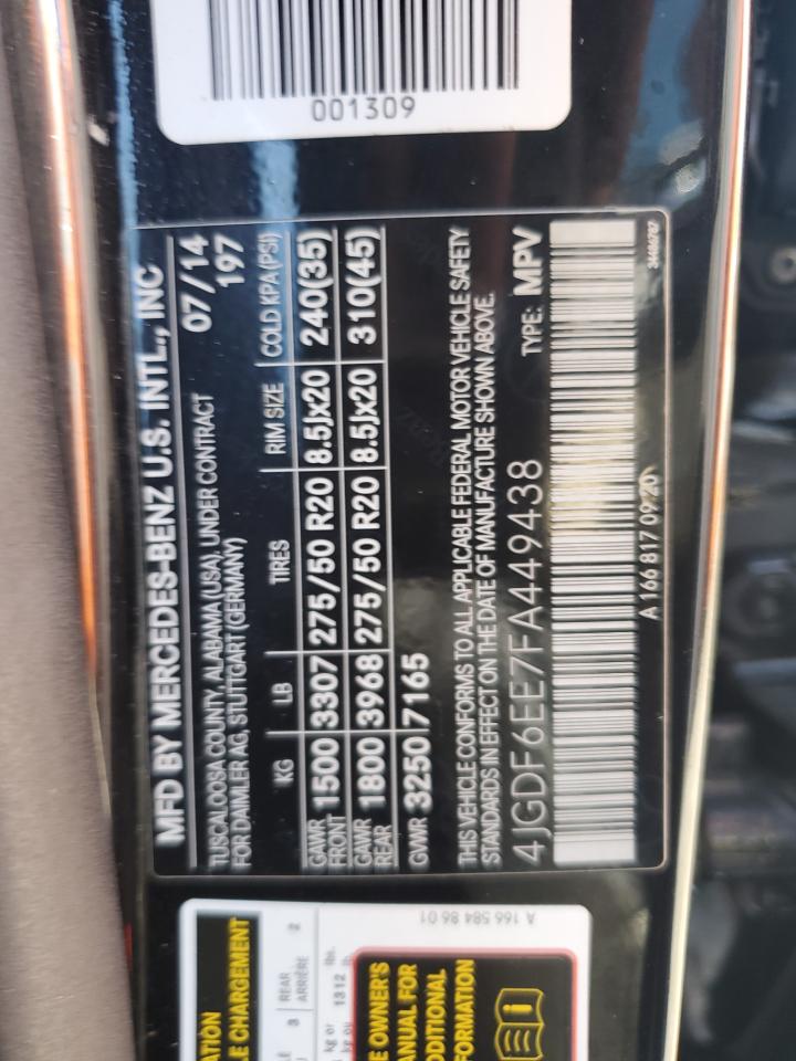 2015 Mercedes-Benz Gl 450 4Matic VIN: 4JGDF6EE7FA449438 Lot: 61621435