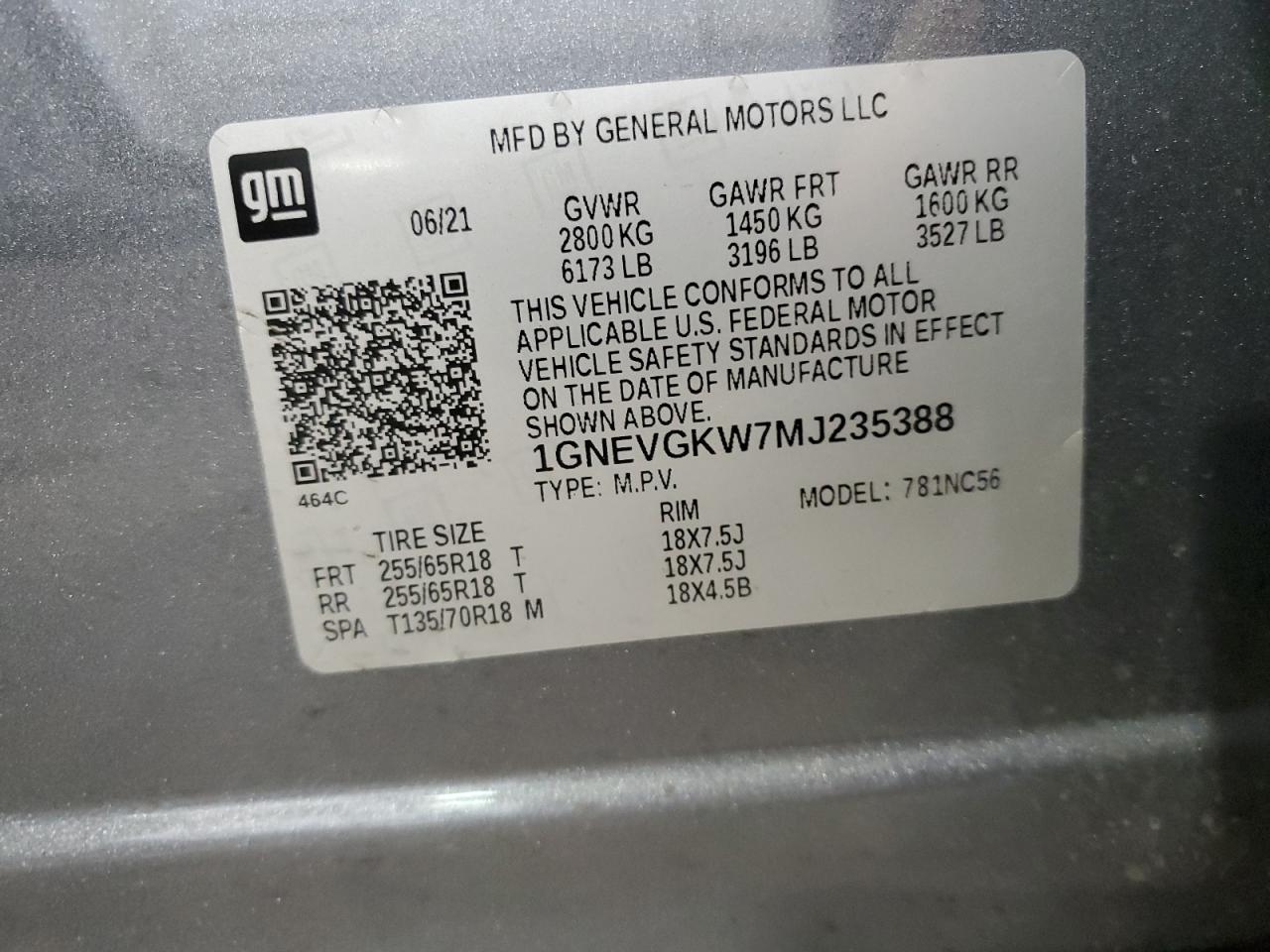 2021 Chevrolet Traverse Lt VIN: 1GNEVGKW7MJ235388 Lot: 63011765