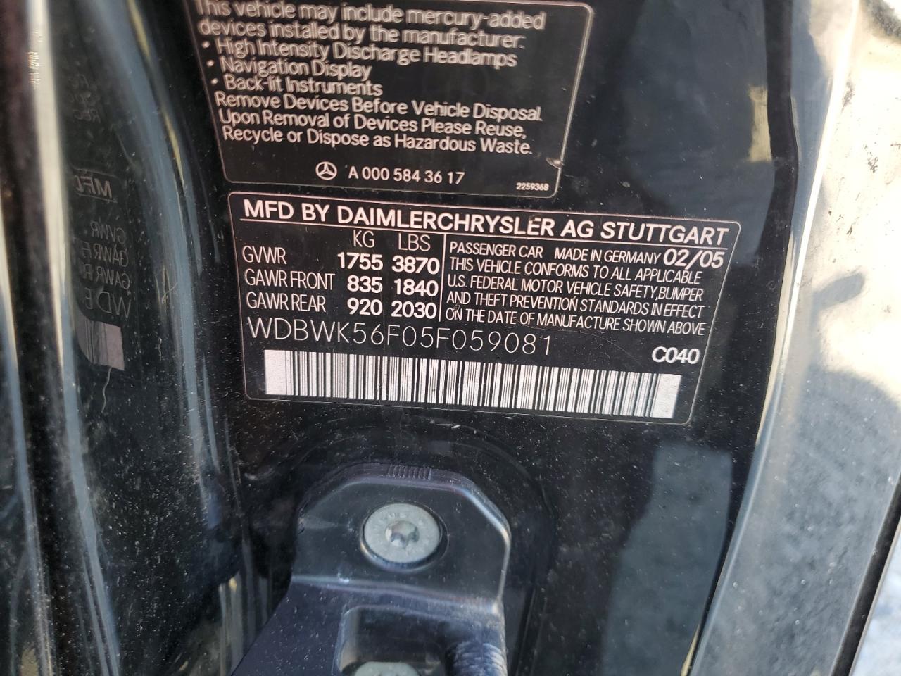 2005 Mercedes-Benz Slk 350 VIN: WDBWK56F05F059081 Lot: 61806915
