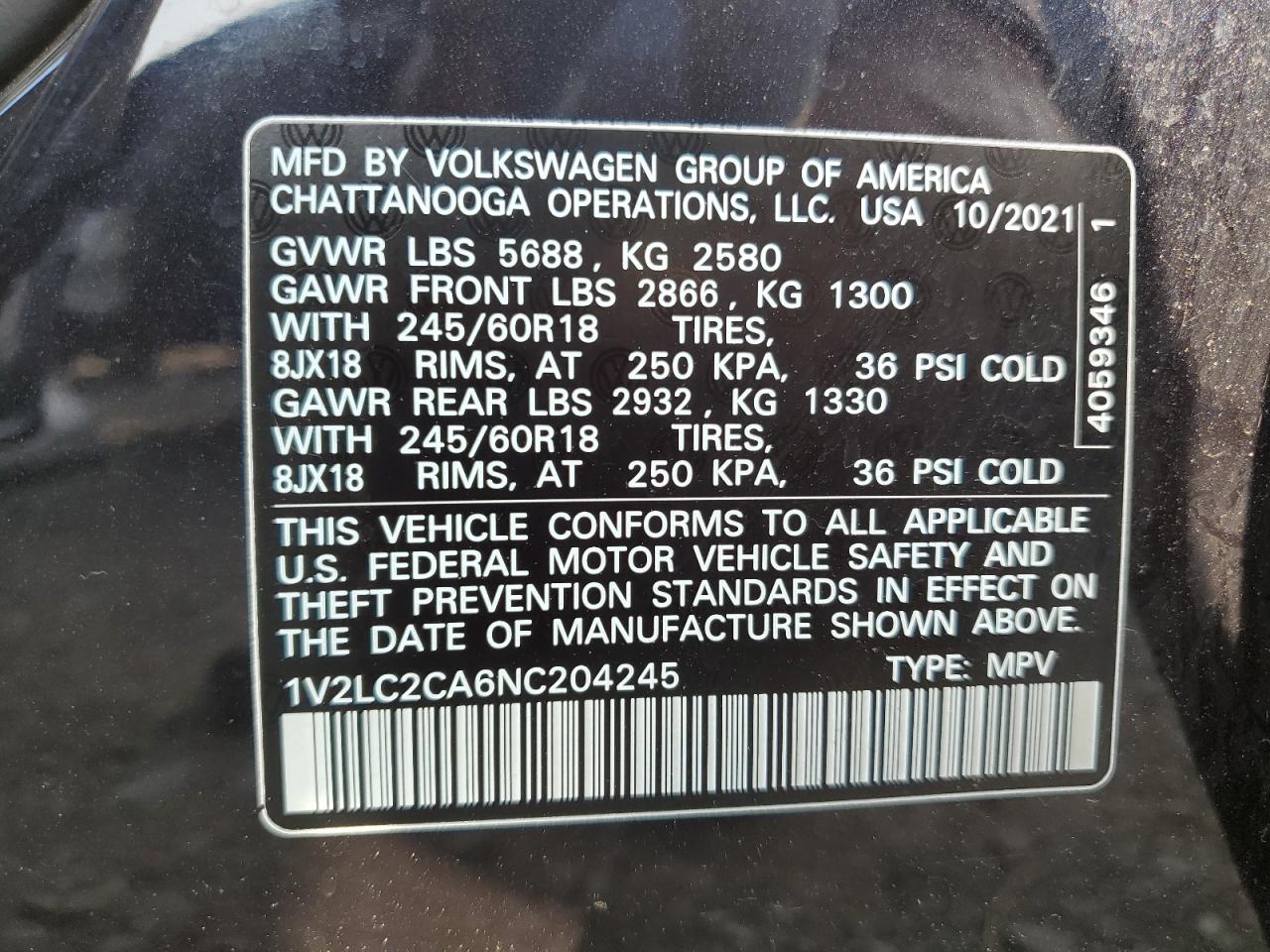 2022 Volkswagen Atlas Cross Sport Se VIN: 1V2LC2CA6NC204245 Lot: 61812255