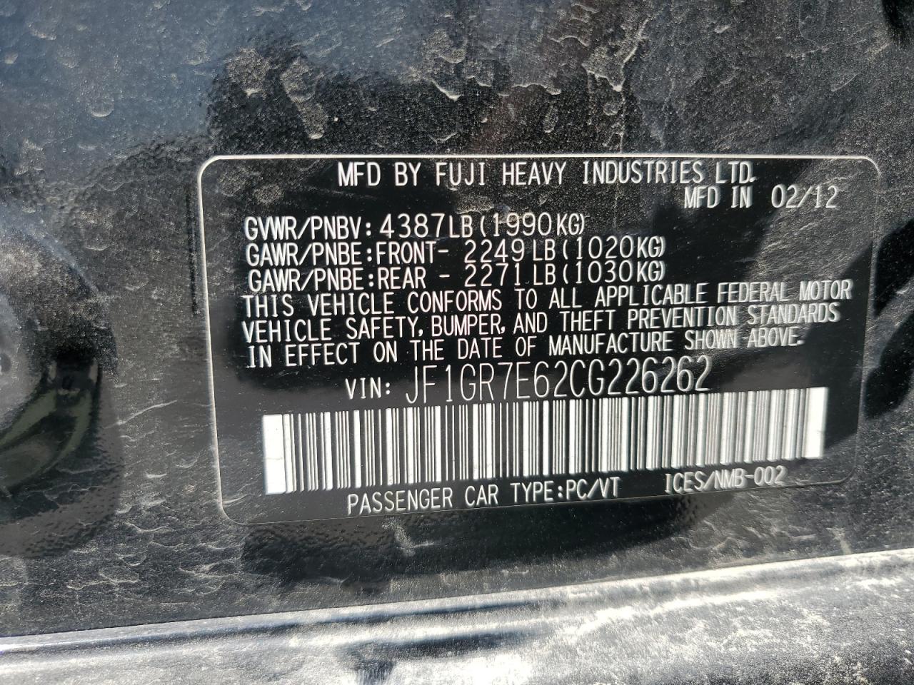 2012 Subaru Impreza Wrx VIN: JF1GR7E62CG226262 Lot: 62505665