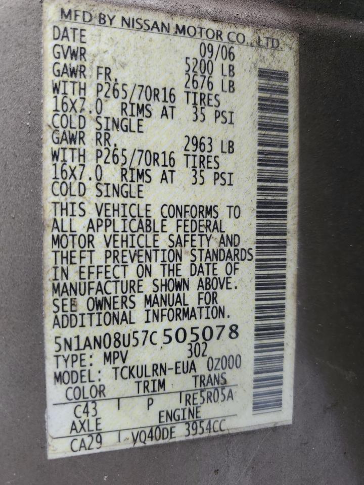 2007 Nissan Xterra Off Road VIN: 5N1AN08U57C505078 Lot: 62866355