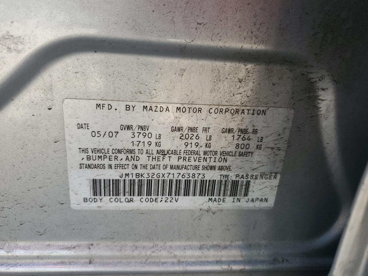 2007 Mazda 3 I VIN: JM1BK32GX71763873 Lot: 63246905