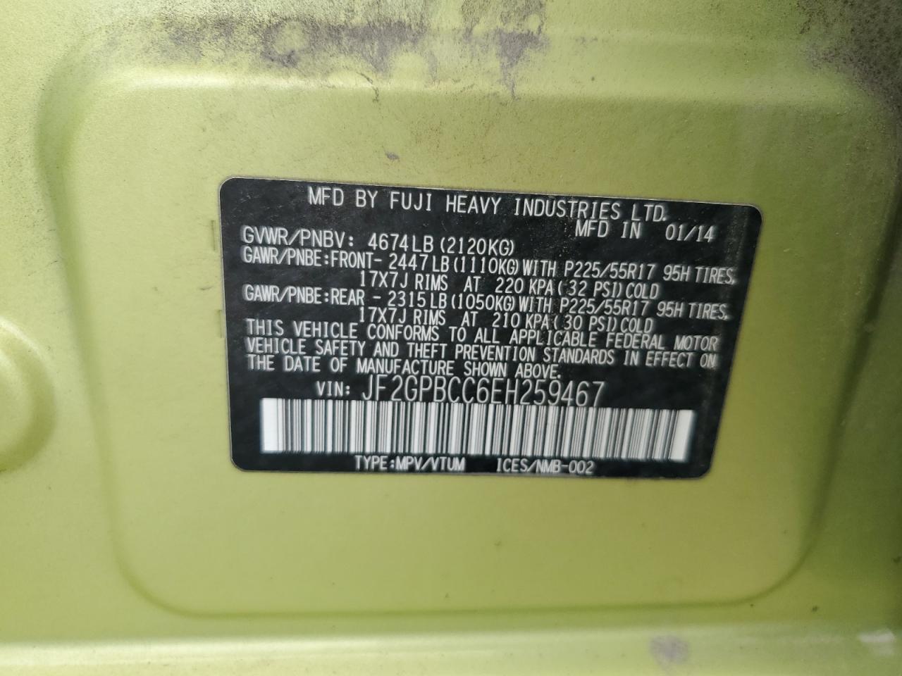 2014 Subaru Xv Crosstrek 2.0I Hybrid VIN: JF2GPBCC6EH259467 Lot: 61259445
